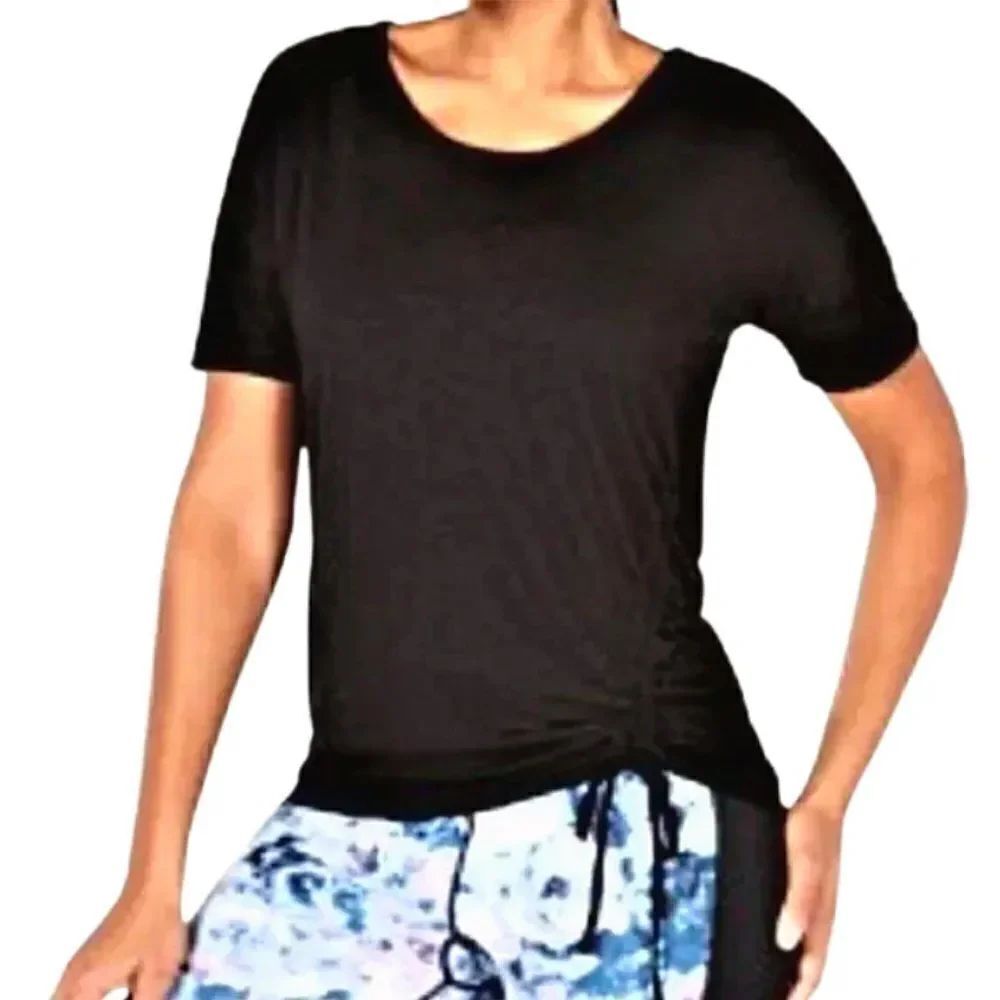 Top Short Sleeve Yoga Simi Fitted Scoop Neck Adjustable Side Ruching Black XS